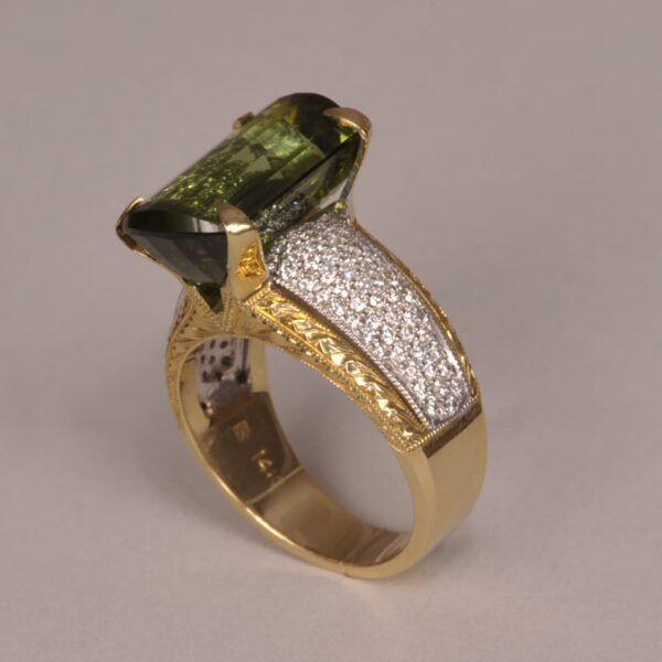 Green tourmaline and diamond ring, special cut