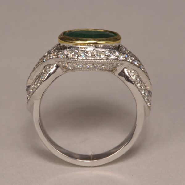 Emerald and diamond ring, stunning two tone gold design