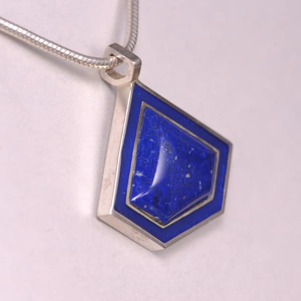 Deep blue lapis and enamel geometric silver pendant