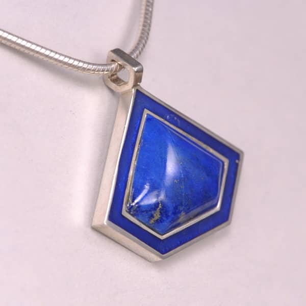 Blue lapis and enamel geometric silver pendant with chain