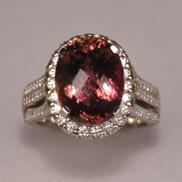 Peach tourmaline and diamond ring, handmade in the USA