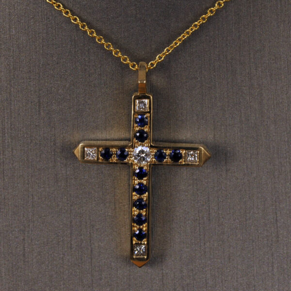 Sapphire and diamond cross, crucifix, authentic Cajuel, very fine, new