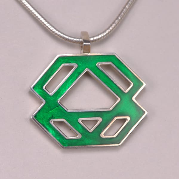 Sterling silver abstract enamel pendant with chain, cajuel geometric, new