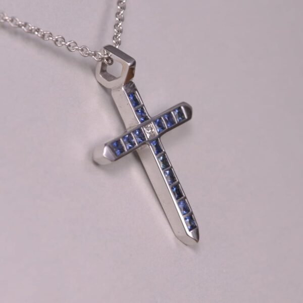 14K white gold blue sapphire and diamond cross, crucifix