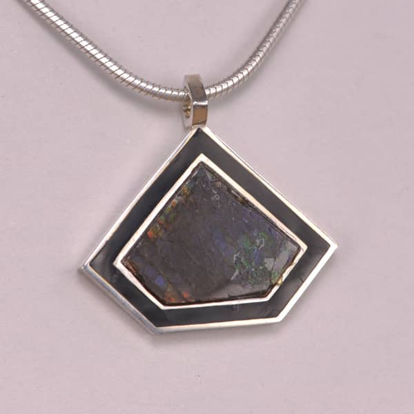 Fossil ammolite and enamel geometric pendant with chain