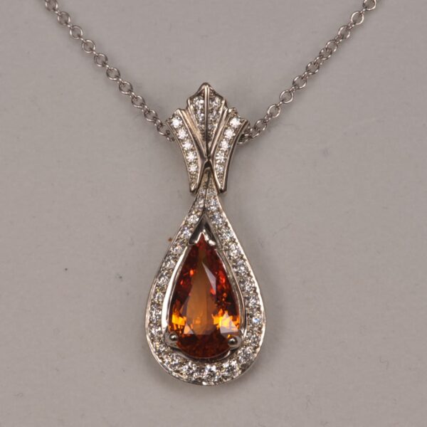 Very Fine orange sapphire and diamond pendant, hinged diamond bail, handmade