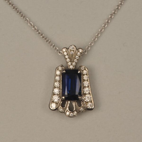 Midnight blue sapphire and diamond pendant, Cajuel deco style, mint