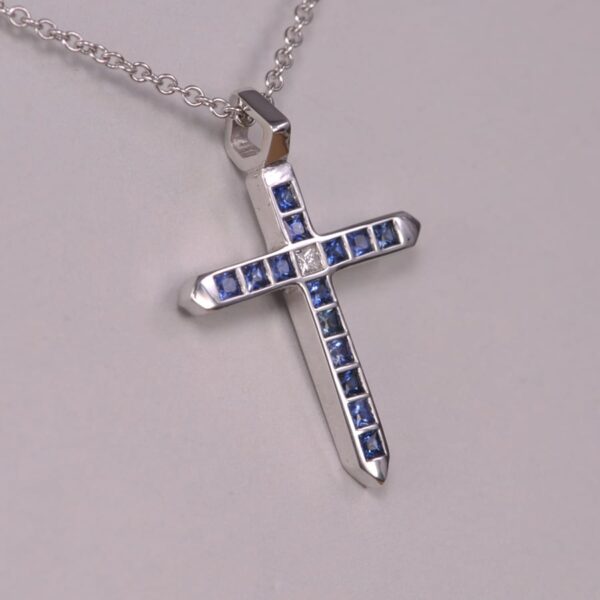 14K white gold blue sapphire and diamond cross, crucifix