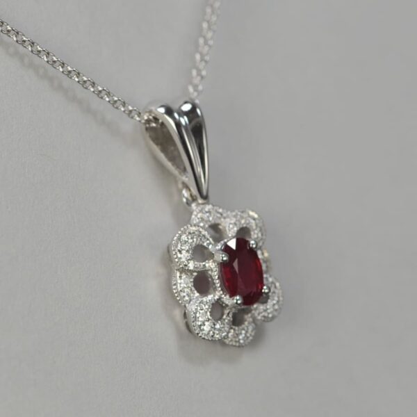 14k white gold fine ruby and diamond pendant with chain