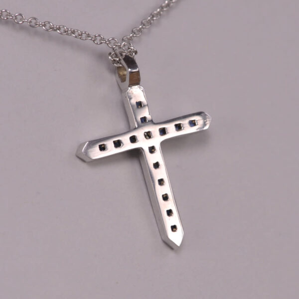 14K white gold blue sapphire and diamond cross, crucifix