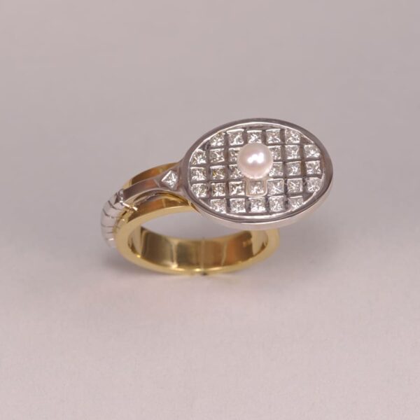 Gold, diamond and pearl Tennis Racket raquet ring