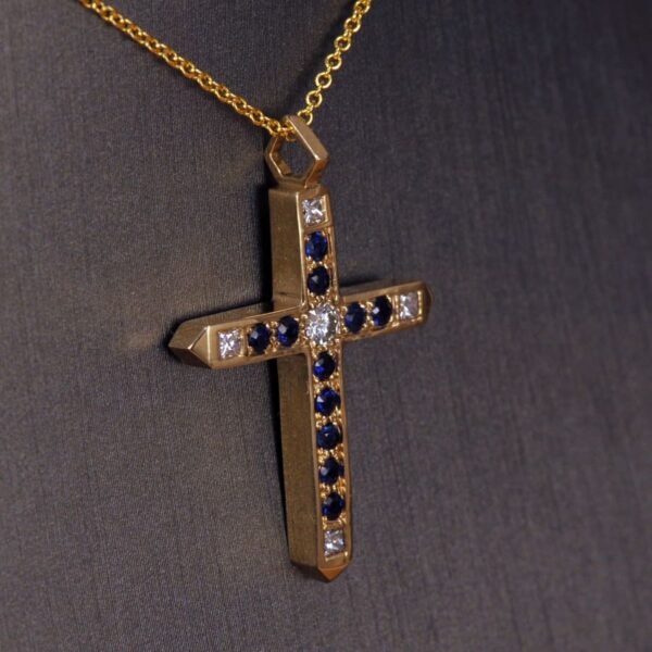 Sapphire and diamond cross, crucifix, authentic Cajuel, very fine, new