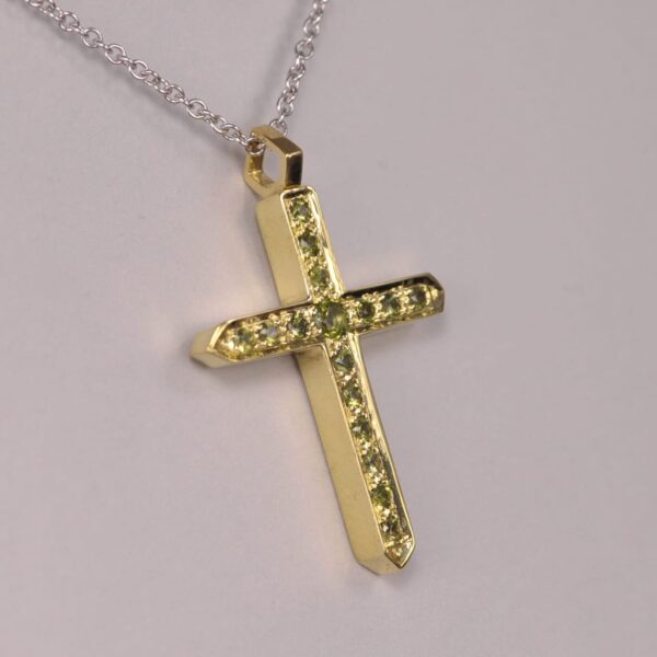 18K green gold with natural green sapphire crucifix, cross, modern