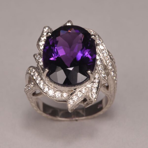 Highest quality amethyst and diamond ring, large handmade ring, new