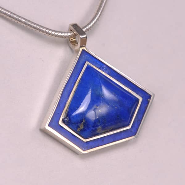 Blue lapis and enamel geometric silver pendant with chain