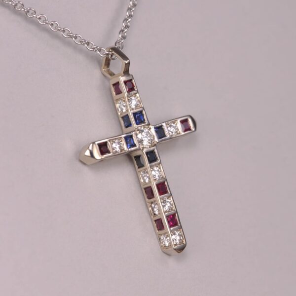 14K USA red, white and blue crucifix, diamond, sapphire and ruby