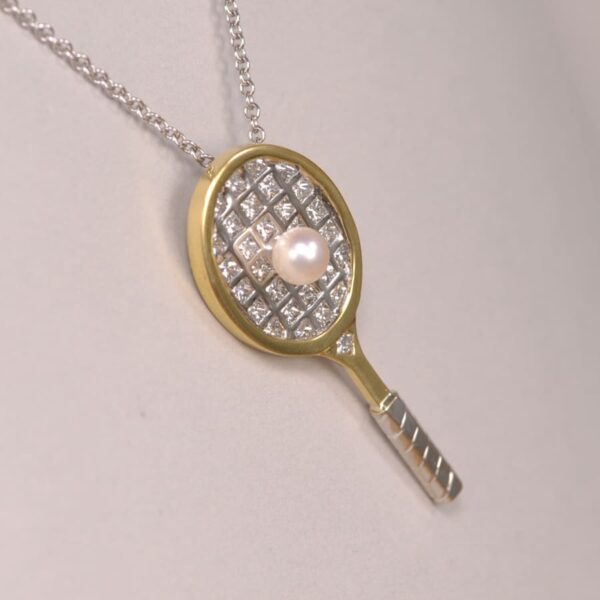 Gold an diamond tennis racket raquet pendant with pearl