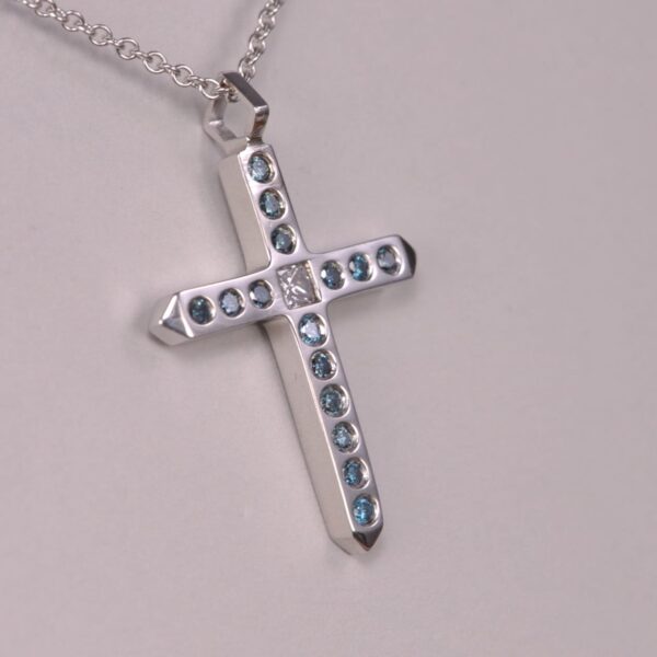 14k blue and white diamond crucifix, cross, modern