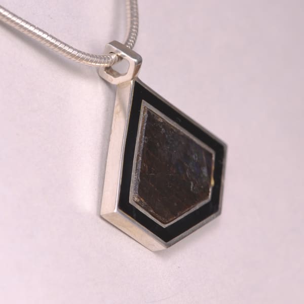 Fossil ammolite and enamel geometric pendant with chain