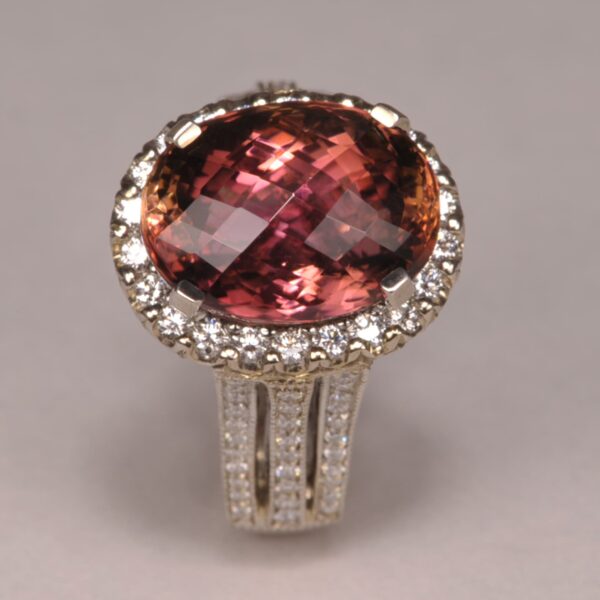 Peach tourmaline and diamond ring, handmade in the USA