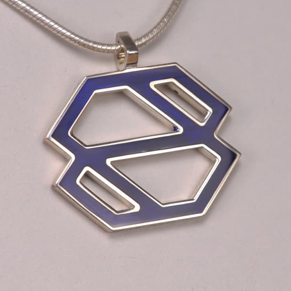 Silver abstract enameled pendant with chain, blue, black or green