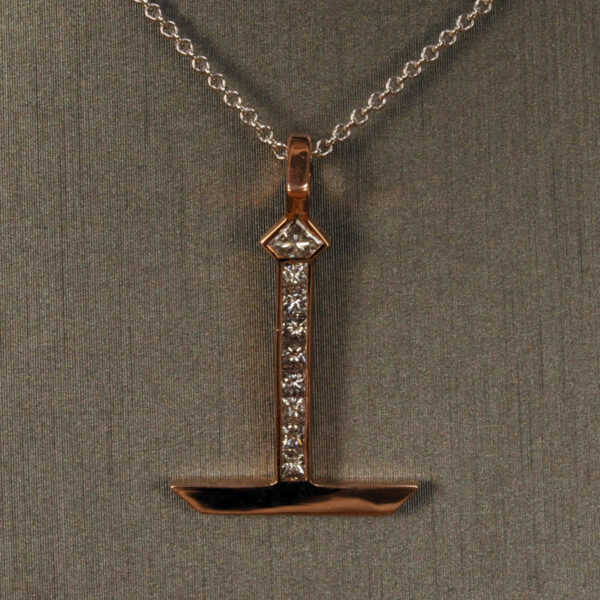 Diamond and 18k rose gold candlestick pendant with gold chain, NEW