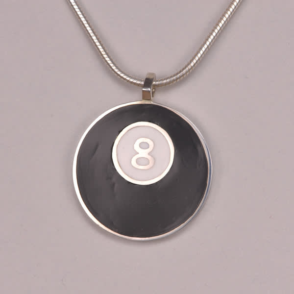 Eight ball, 8 ball silver pendant enamel with chain