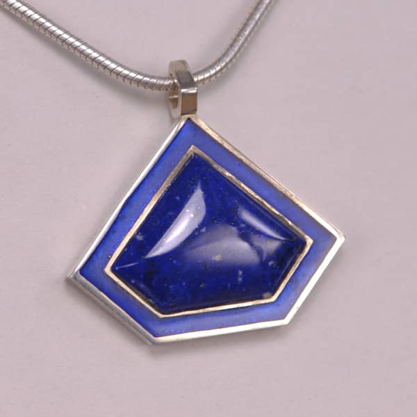 Deep blue lapis and enamel geometric silver pendant