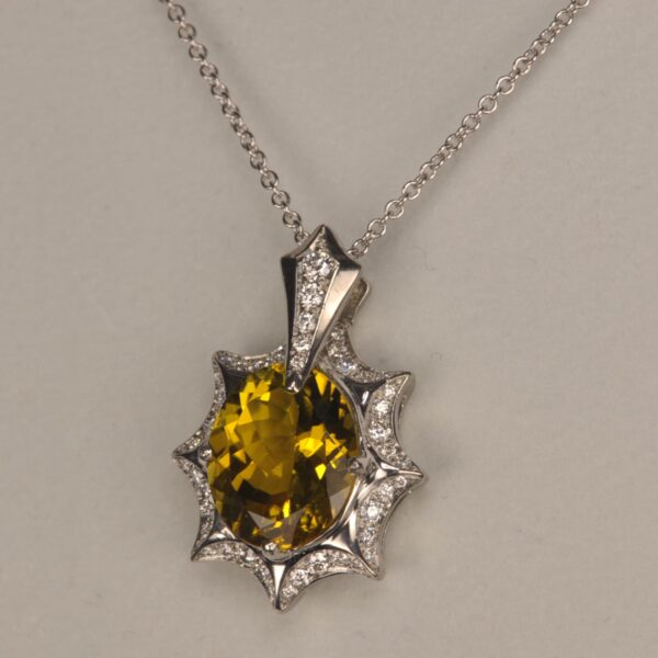 Yellow sapphire and diamond pendant with chain, bright sunshine color, new