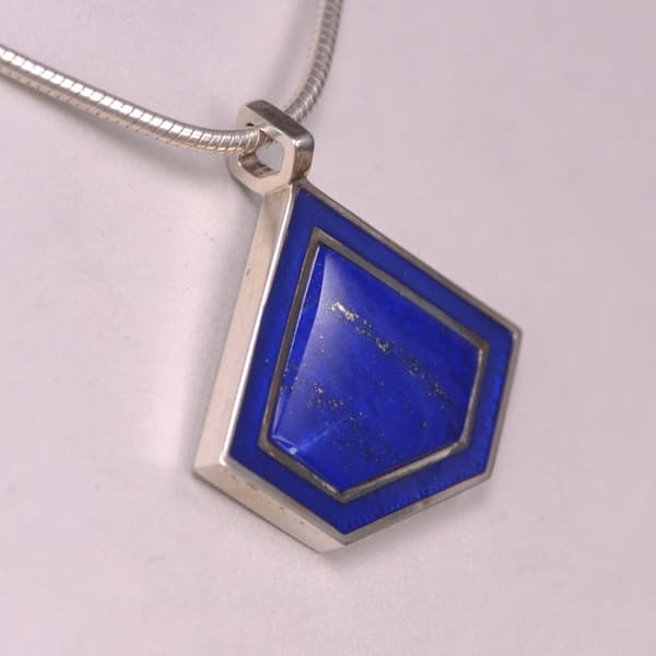 Fine lapis and enamel silver geometric pendant with chain