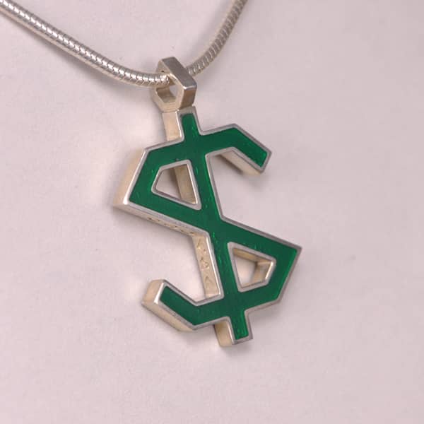 Enameled Sterling Silver Dollar Sign Pendant, Cajuel geometric design