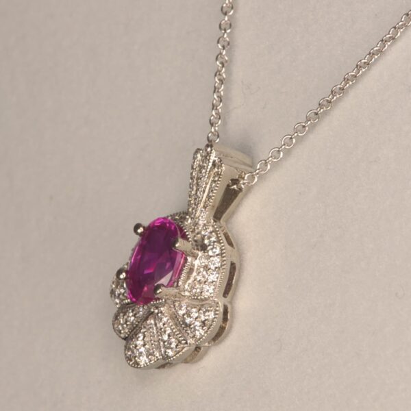 Hot pink sapphire and diamond pendant with chain, vibrant and brilliant