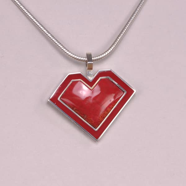 Red coral and enamel modern heart pendant and chain