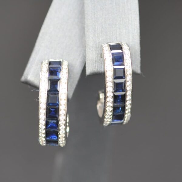 14k white gold blue sapphire and diamond dangle earrings with posts