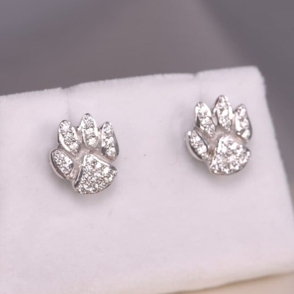 14k white gold and diamond cat paw earrings, cub paw earrings