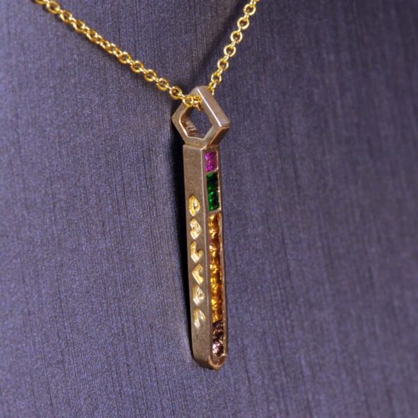 Diamond and fancy gemstone "pencil" pendant, with chain, NEW