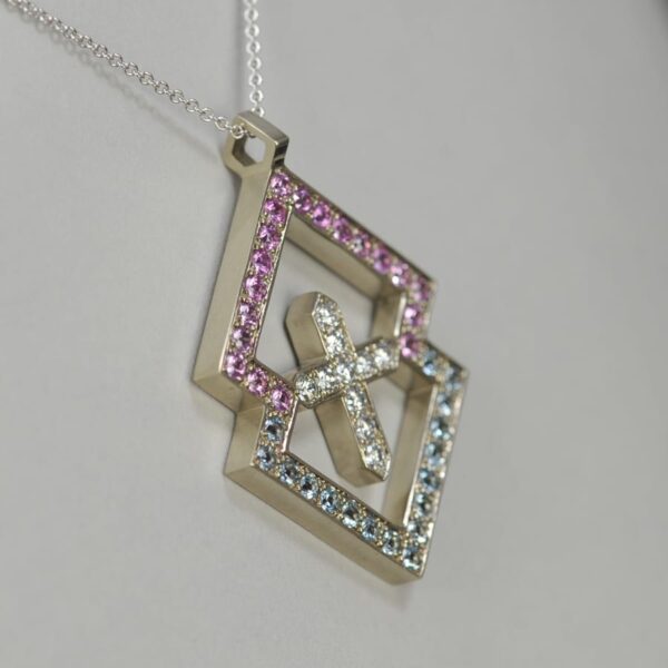 Diamond and gemstone geometric abstract pendant solid gold with chain