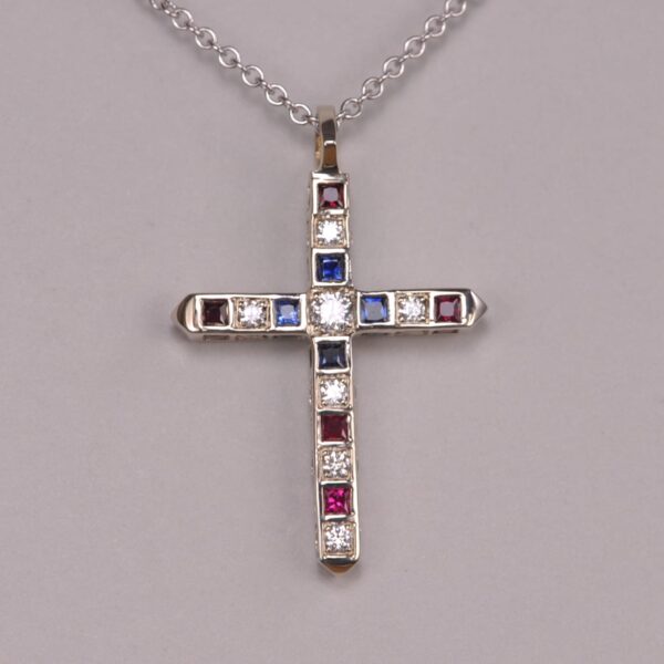 14K USA red, white and blue crucifix, diamond, sapphire and ruby