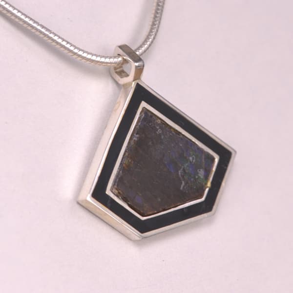 Fossil ammolite and enamel geometric pendant with chain