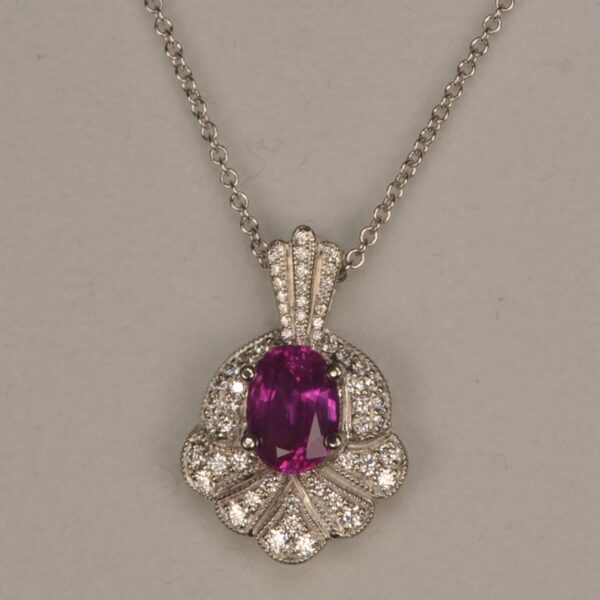 Hot pink sapphire and diamond pendant with chain, vibrant and brilliant