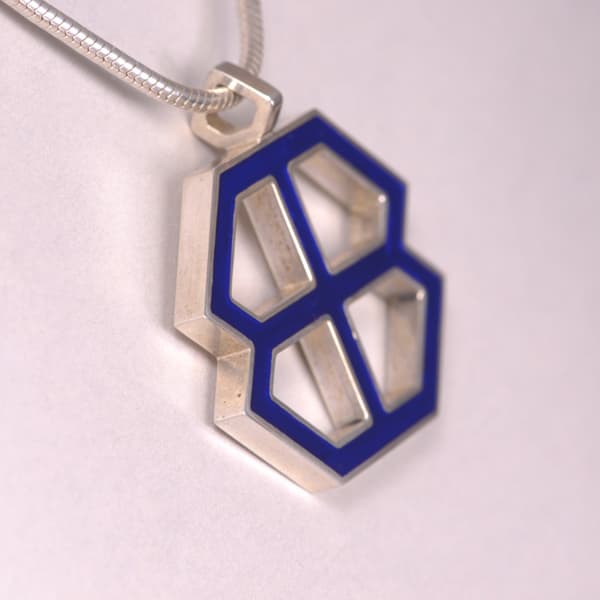 Sterling silver abstract enamel pendant with chain, geometric cobalt blue