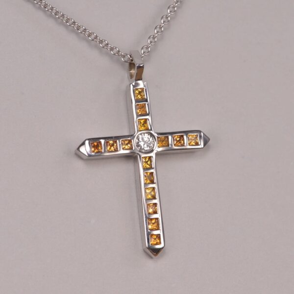 14K white gold yellow sapphire and diamond cross, crucifix, modern