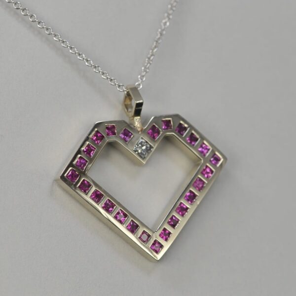 14k white gold pink sapphire and diamond geometric heart pendant w/ chain