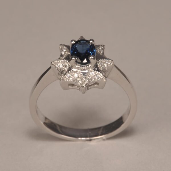 Blue sapphire and diamond ring, handmade, brand new