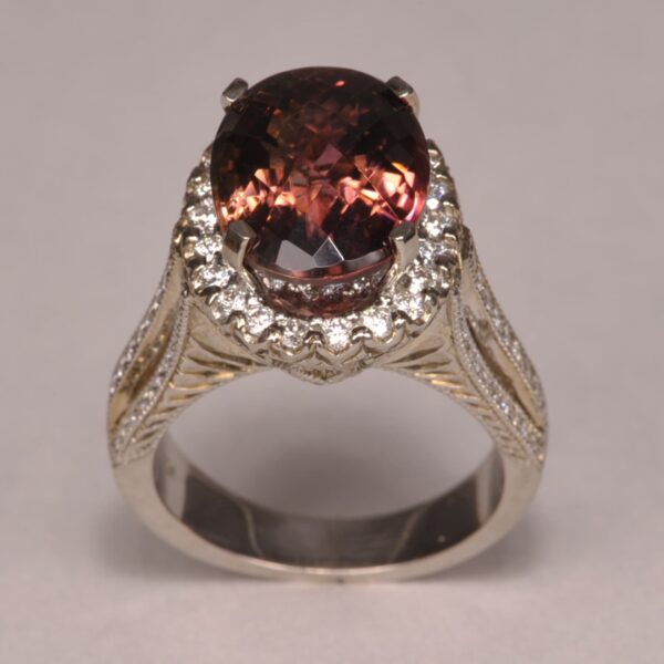 Peach tourmaline and diamond ring, handmade in the USA