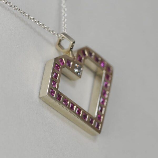 14k white gold pink sapphire and diamond geometric heart pendant w/ chain