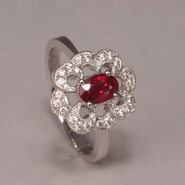 Very Fine ruby and diamond ring, flower motif, handmade