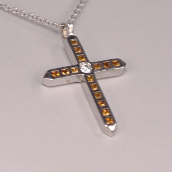 14K white gold yellow sapphire and diamond cross, crucifix, modern