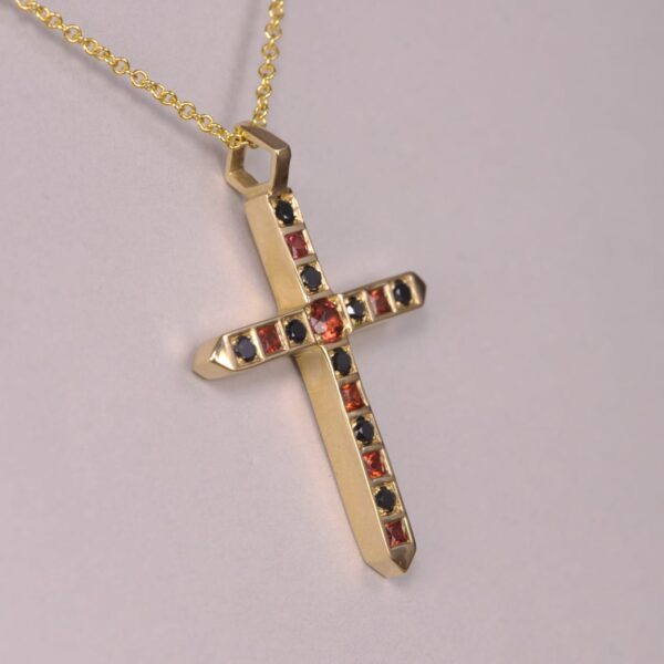 14k orange sapphire and black diamond crucifix cross