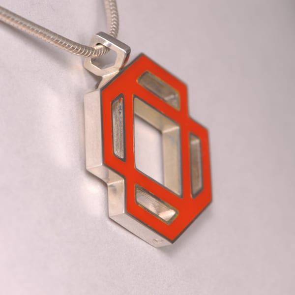 Silver abstract enamel pendant with chain, mandarin orange enamel